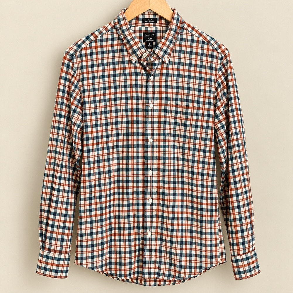 J.Crew Flex Washed Shirt Mens Large Slim Untucked Plaid Button Down Long Sleeve